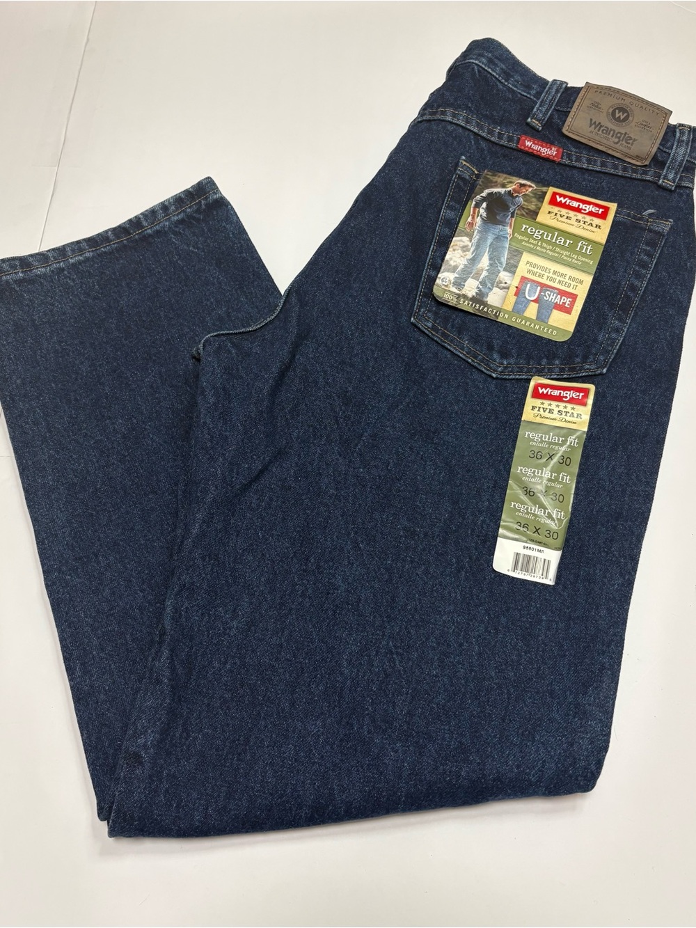 NWT Wrangler Five Star Premium Denim Regular Fit Jeans 36x30 Dark Wash U-Shape